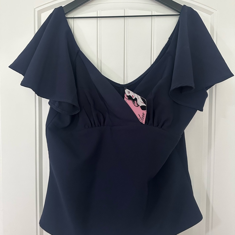 Navy Ruffle Sleeve V-Neck Women's Top